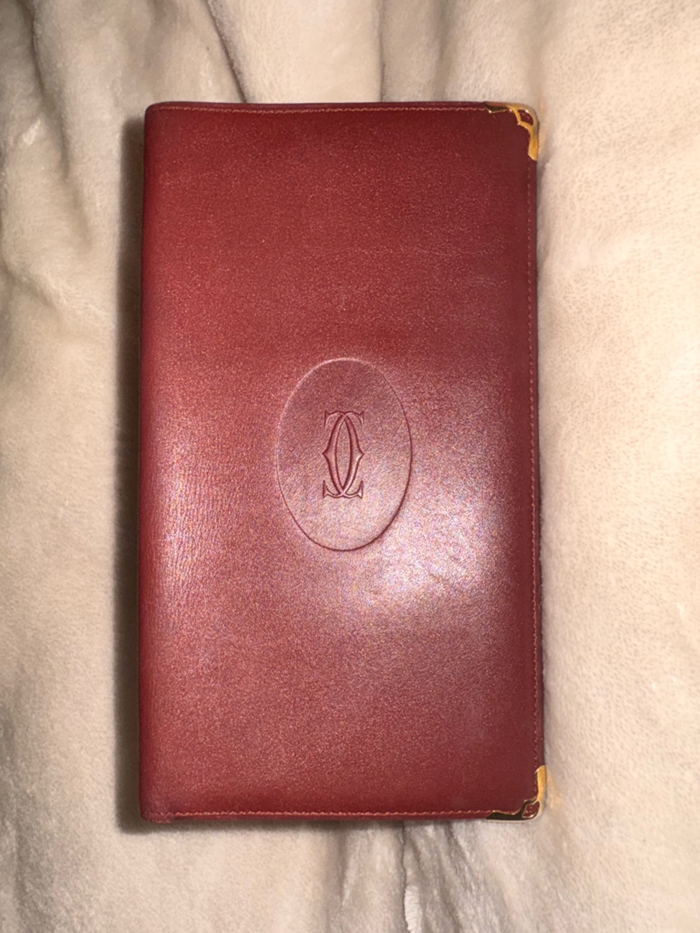 Vintage Cartier Burgundy Calf Skin Leather Wallet with Gold Accents